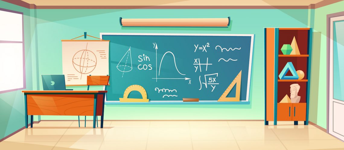 Classroom for math learning with formula on chalkboard. Vector cartoon illustration of empty school class interior for mathematics, geometry and algebra learning